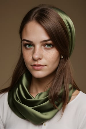 1girl, solo, long hair, looking at viewer, auburn hair, freckles, green eyes, portrait, realistic, green silk headscarf around face