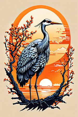 (best quality, 4k, 8k, highres, masterpiece:1.2), ultra-detailed,T-shirt design,illustration, a painting of a crane standing on a branch with a orange sun in the background