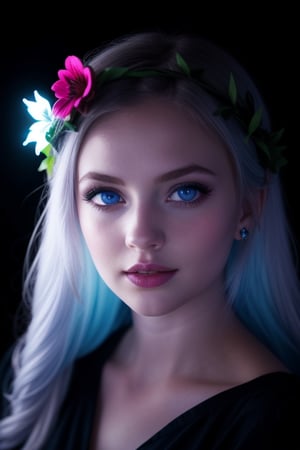 score_9, score_8_up, score_7_up, score_6_up, score_5_up, score_4_up, 1girl, flower crown, beautiful icy blue eyes, moonlight gardens, dark shadows, glowing in the dark,  bright colors, high contrast, dark background, vivid lighting, night garden