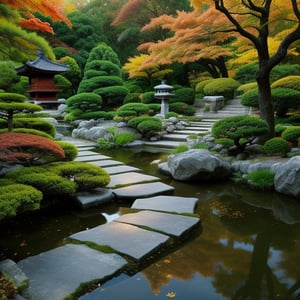 serene Japanese zen garden, autumn foliage, tranquil pond, stepping stones, subtle lighting, peaceful composition, contemplative atmosphere