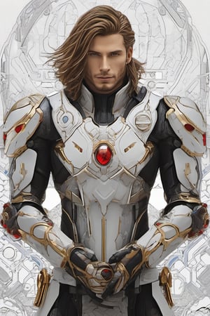 Sci-Fi. Kozja Darzalas is a human being, a handsome man of 25 years old, ((caucasian)), long light_brown hair, wavy haircut, blue eyes. athletic build.  ((white armor)). He wears a futuristic and highly cybernetic black armor.  red ornaments, golden lines, Warbringers iconography. Inspired by the art of Destiny 2 and the style of Guardians of the Galaxy.,perfecteyes