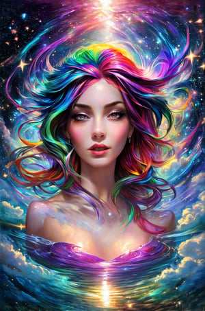 A mesmerizing, dreamlike composition: A woman with vibrant, multicolored hair flows around her serene face like a river of color. Her tranquil gaze radiates serenity against a kaleidoscope background, where swirling clouds, twinkling stars, and shimmering galaxies harmonize in a vibrant tapestry. Delicate textures dance across the scene as dynamic lighting casts an otherworldly glow, inviting the viewer to step into this whimsical realm where reality and fantasy blend in a cartoonish masterpiece.