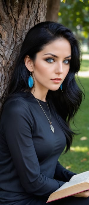 Generate hyper realistic image of a woman with long, black hair sitting outdoors beneath a tree, wearing a black shirt with short sleeves. She's holding an open book, her blue eyes looking directly at the viewer, with hoop earrings adorning her ears. A cat sits beside her, and she wears a necklace and bracelet, her lips subtly curved as if she's absorbed in reading.