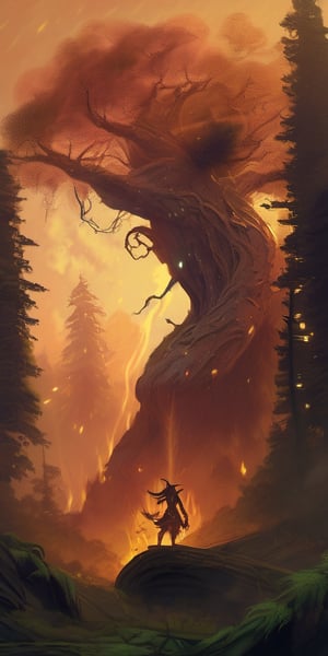 A giant, ethereal treant with glowing bark stands defiant against a backdrop of a raging forest fire. Its roots snake through the burning undergrowth, and its leafy arms reach towards the sky, summoning rain clouds.
,PetDragon2024xl