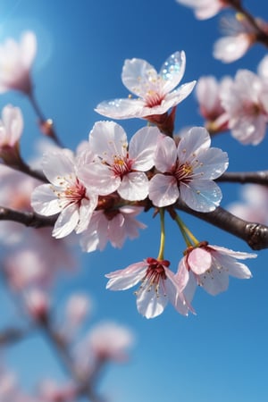 crystal cherry blossom, fantasy, blue sky, transparent, shimmering, sparkling, splendid, colorful, magical photography, dramatic lighting, photo realism,blue glitter, ultra-detailed, 4k, Depth of field, High-resolution
