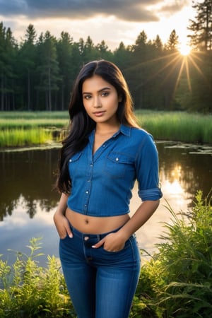 Best work, (Best quality, ,HDR, 8k, 32k, raw photo, photorealistic, UHD:1.2),forest, eyes, black hair, detailed face, perfect face, pond, dark sky, lights in the background, detailed sky, realistic clouds, sun, bright environment, late afternoon, sun rays in the clouds, In the heart of a bustling Indian marketplace, a 23-year-old  fashion. Jeans top.