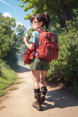 A cartoon girl scout wearing glasses, with brown shorts and hiking boots holding an envelope in her hand. She has a big backpack on her back and is carrying books. –ar 3:4