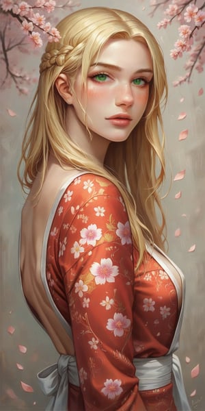 ASCIIscore_9, score_8_up, score_7_up, 1girl wearing a red floral kimono, holding a katana, perfect curves, suggestive pose, romantic, solo, detailed eyes, looking at viewer, beautiful, looking at viewer, green eyes, sultry look, medium breasts, fantasy, from front, romantic, orange skies, orange moon, sakura petals (blonde hair, mid parted hair, straight hair, long hair:1.2), pronounced blush, 
