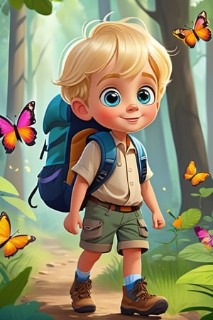 A cute little boy in the forest. He is wearing shorts and hiking boots with a backpack. He has big eyes and blonde hair. He is a cartoon character with colorful butterflies around him and a happy face. –ar 3:4