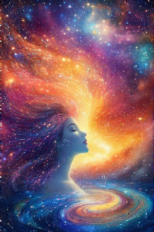 A mesmerizing, dreamlike composition: A woman with vibrant, multicolored hair flows around her serene face like a river of color. Her tranquil gaze radiates serenity against a kaleidoscope background, where swirling clouds, twinkling stars, and shimmering galaxies harmonize in a vibrant tapestry. Delicate textures dance across the scene as dynamic lighting casts an otherworldly glow, inviting the viewer to step into this whimsical realm where reality and fantasy blend in a cartoonish masterpiece.