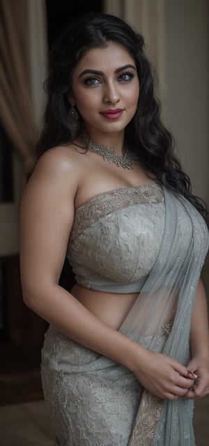 (masterpiece, best quality, ultra-detailed, 8K),high detail, realisitc detailed, a beautiful young mature arabic women curvy body with long flowy black hair over shoulders in the dark, wearing a full tight indian lacy net multi color saree fully see through dress in wedding palace tempting manner, blue eyes, pale soft skin, kind smile, glossy lips, a serene and contemplative mood, red lips,hd makeup,Indian,(blue eyes)(temptaation shy manner)