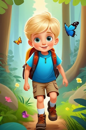 A cute little boy in the forest. He is wearing shorts and hiking boots with a backpack. He has big eyes and blonde hair. He is a cartoon character with colorful butterflies around him and a happy face. –ar 3:4