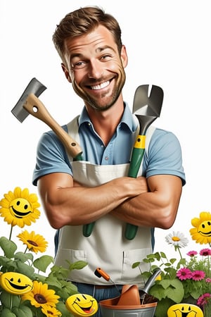 illustration of a man, a smiley happy poker face, staying around garden tools, cartoon style, white background, strong realistic bold lines borders