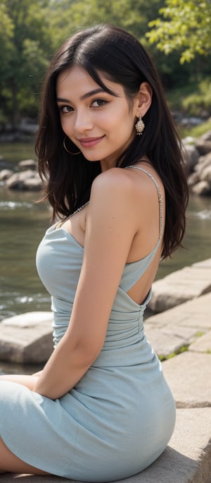 Generate hyper realistic image of a 25 year girl with long, flowing black hair that cascades down her back. Her hair is shiny and well-maintained. She has expressive eyes with a friendly and inviting look, enhanced by her natural makeup. She is wearing a beige dress with intricate details and embellishments. The dress has a low-cut neckline adorned with delicate trim and fringe, and it fits snugly around her waist before flowing out. She wears a striking turquoise necklace and matching earrings. She is seated by a serene riverside, her body slightly turned to the side. One hand rests on her knee while the other is gently touching the ground. Her expression is warm and approachable, with a bright smile that lights up her face.