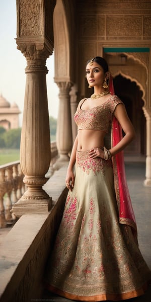 In this scene, the Indian model is captured against a backdrop of a traditional Indian palace. She is dressed in a regal lehenga choli, the intricate embroidery and shimmering fabric reflecting the grandeur of her surroundings. Her posture is poised and graceful, her expression serene yet captivating. The sunlight filters through ornate windows, casting a warm glow on her features, highlighting her beauty in this majestic setting.
,photorealistic