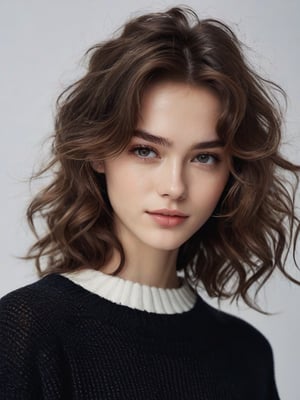 (masterpiece), beautiful girl, brown hair, wavy hair, white skin, sharp jawline, sweater, messy hair, upper body, smirk