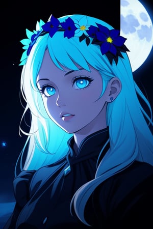 score_9, score_8_up, score_7_up, score_6_up, score_5_up, score_4_up, 1girl, flower crown, beautiful icy blue eyes, moonlight gardens, dark shadows, glowing in the dark,  bright colors, high contrast, dark background, vivid lighting, night garden