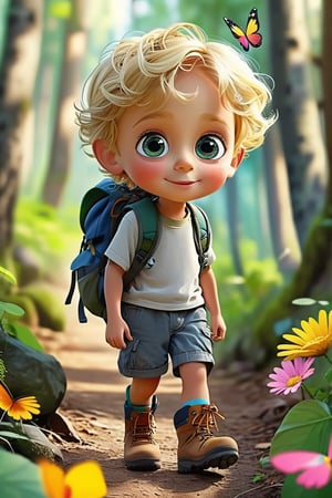 A cute little boy in the forest. He is wearing shorts and hiking boots with a backpack. He has big eyes and blonde hair. He is a cartoon character with colorful butterflies around him and a happy face. –ar 3:4