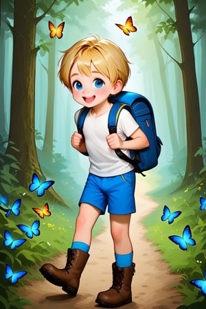 A cute little boy in the forest. He is wearing shorts and hiking boots with a backpack. He has big eyes and blonde hair. He is a cartoon character with colorful butterflies around him and a happy face. –ar 3:4