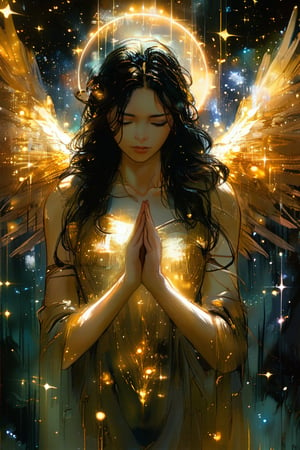 (a beautiful golden angel in the style of Carne Griffiths, Conrad Roset), (composition by Alphonse Mucha), gorgeous, heavenly, ethereal, soft glow surrounding her, bioluminesence, pitchblack background, long flowing black hair, stars, midnight, hands clasped