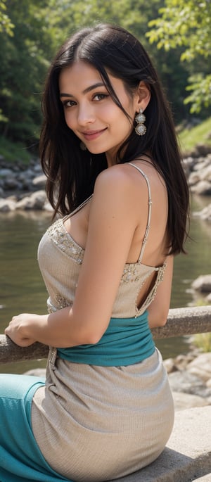 Generate hyper realistic image of a 25 year girl with long, flowing black hair that cascades down her back. Her hair is shiny and well-maintained. She has expressive eyes with a friendly and inviting look, enhanced by her natural makeup. She is wearing a beige dress with intricate details and embellishments. The dress has a low-cut neckline adorned with delicate trim and fringe, and it fits snugly around her waist before flowing out. She wears a striking turquoise necklace and matching earrings. She is seated by a serene riverside, her body slightly turned to the side. One hand rests on her knee while the other is gently touching the ground. Her expression is warm and approachable, with a bright smile that lights up her face.