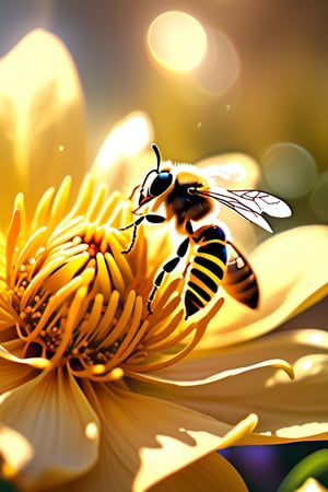 A majestic honeybee perches delicately on a vibrant yellow and white flower, its translucent wings glistening in the warm sunlight that casts a gentle glow on the petals. The bee's furry body blends seamlessly with the surrounding foliage as it collects nectar from the flower's center. The 8K resolution captures every intricate detail of the natural scene, from the delicate pollen grains to the soft focus of the blurred background.