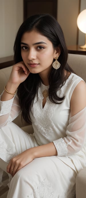 beautiful cute young attractive girl indian, teenage girl, village girl,18 year old,cute, instagram model,long black hair . Envision a Pakistani girl in a beautiful white shalwar kameez, seated elegantly in a luxurious hotel lounge, her chest subtly emphasized, exuding confidence and grace, adorned with exquisite jewelry including dangling earrings, Paperwork, intricate paper cutting with layered textures and delicate patterns, --ar 16:9 --v 5