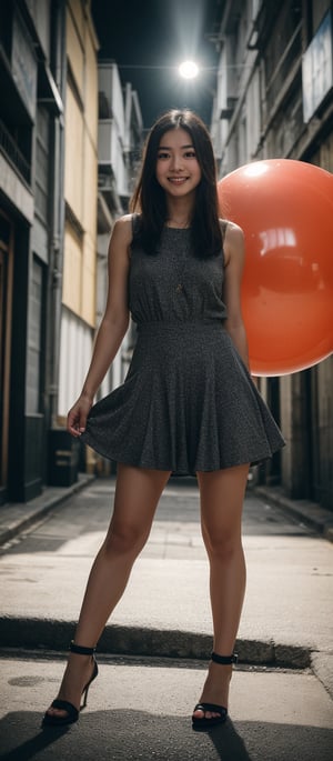 Realistic 16K resolution bullet time photography of 1 girl with exquisitely perfect face, joyful face, wearing fashionable outfit, standing in front of a large red ball in Tainan alley, displaying exaggerated posture and movement, illuminated by film grain, Film photo style, realistic skin, Rough skin, fish-eye lens, dramatic lighting, soft lighting.