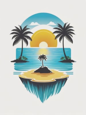 Create a mini island with a surrounding sea, the sun and a palm tree,T-shirt design