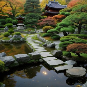 serene Japanese zen garden, autumn foliage, tranquil pond, stepping stones, subtle lighting, peaceful composition, contemplative atmosphere