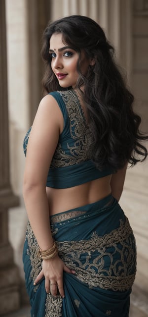 (masterpiece, best quality, ultra-detailed, 8K),high detail, realisitc detailed, a beautiful young indian girl curvy body with long flowy black hair over shoulders in the dark, wearing a full tight indian lacy net multi color saree fully see through dress in wedding palace tempting manner, blue eyes, pale soft skin, kind smile, glossy lips, a serene and contemplative mood, red lips,hd makeup,Indian,(blue eyes)(temptaation shy manner)