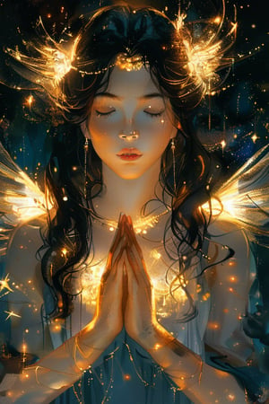 (a beautiful golden angel in the style of Carne Griffiths, Conrad Roset), (composition by Alphonse Mucha), gorgeous, heavenly, ethereal, soft glow surrounding her, bioluminesence, pitchblack background, long flowing black hair, stars, midnight, hands clasped