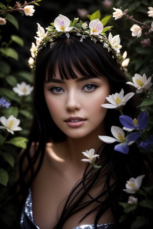 Moonlit Sanctuary: A mystical girl, crowned with radiant flowers, stands amidst 'Moonlight Gardens', bathed in soft lunar light. Her icy blue eyes gleam like stars, illuminated by the celestial glow above. Dark shadows accentuate her porcelain skin as vibrant foliage and flowers surround her, set against a dark night garden backdrop. The air is alive with wonder, as if magic radiates from this enchanting maiden.