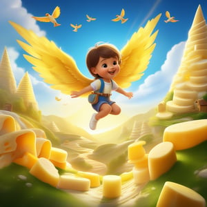 Create an image of a young child, with delicate wings made of vibrant feathers, soaring gracefully over a whimsical landscape composed entirely of various cheeses. The scene is brightly lit, showcasing the child's joyful expression and the intricate details of the cheese terrain, which includes Swiss cheese hills and cheddar pathways. The composition captures the child mid-flight, emphasizing the dreamlike quality of the setting.