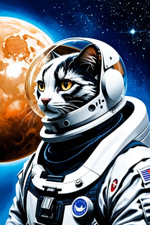 style. Oil Painting full size of a black and white cat wearing a space suit adn looking to the side, , blue background, , a lot of empty space