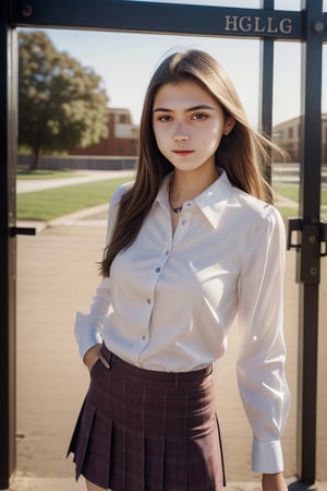 high school student,girl,school uniform(laced blouse and suit),at school gate,Best Quality, 32k, photorealistic, ultra-detailed, finely detailed, high resolution, perfect dynamic composition, beautiful detailed eyes, sharp-focus, cowboy_shot, 