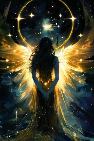 (a beautiful golden angel in the style of Carne Griffiths, Conrad Roset), (composition by Alphonse Mucha), gorgeous, heavenly, ethereal, soft glow surrounding her, bioluminesence, pitchblack background, long flowing black hair, stars, midnight, hands clasped