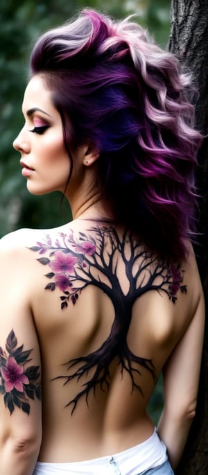 Generate hyper realistic image of a woman with an intricate and vibrant full-back tattoo. The woman is shown from behind, standing, allowing a clear view of her entire back. Her hair is straight and purple, falling around her shoulders. The tattoo covers her entire back. The central feature of the tattoo is a tree trunk and branches are intricately detailed with rich, dark brown shades. The branches extend gracefully across the skin, spreading out in an organic and natural pattern. The flowers are depicted in various shades of pink, from deep magenta to soft pastel hues. Each blossom is carefully crafted, with delicate petals and subtle shading. urrounding the tree and blossoms are scattered petals and leaves.