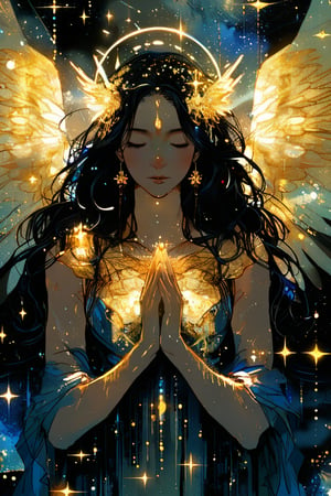 (a beautiful golden angel in the style of Carne Griffiths, Conrad Roset), (composition by Alphonse Mucha), gorgeous, heavenly, ethereal, soft glow surrounding her, bioluminesence, pitchblack background, long flowing black hair, stars, midnight, hands clasped