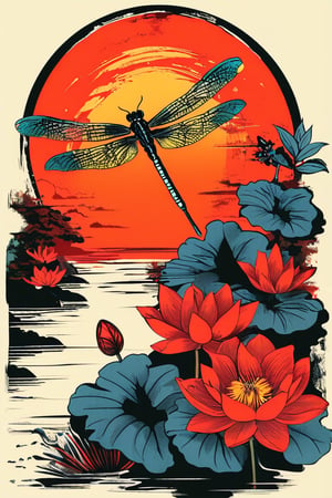 A vintage t-shirt design with retro-inspired typography surrounding a sumi-e ink illustration of a dragonfly hovering over a pond, with lotus flowers, incorporating Japanese calligraphy, black background, colorful shades, highly detailed, vector image, vibrant and clean, with a sunset backdrop, photorealistic style, flat design.