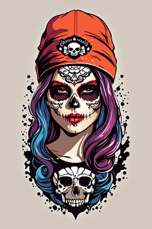 (best quality, 4k, 8k, highres, masterpiece:1.2), ultra-detailed,T-shirt design,illustration, a woman with a skull makeup on her head is wearing a cap,vector illustration, transparent background