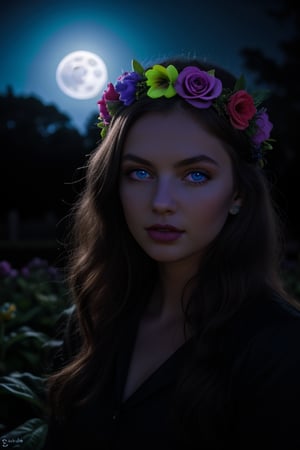 score_9, score_8_up, score_7_up, score_6_up, score_5_up, score_4_up, 1girl, flower crown, beautiful icy blue eyes, moonlight gardens, dark shadows, glowing in the dark,  bright colors, high contrast, dark background, vivid lighting, night garden