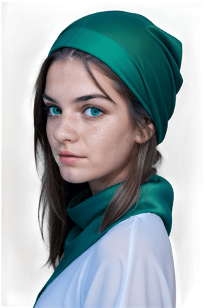 1girl, solo, long hair, looking at viewer, auburn hair, freckles, green eyes, portrait, realistic, green silk headscarf around face