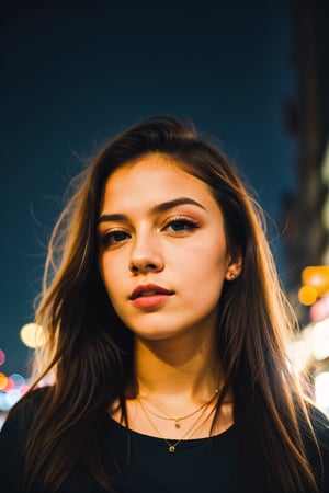 instagram photo, closeup face photo of 18 y.o swedish woman in dress, beautiful face, makeup, night city street, bokeh, motion blur
