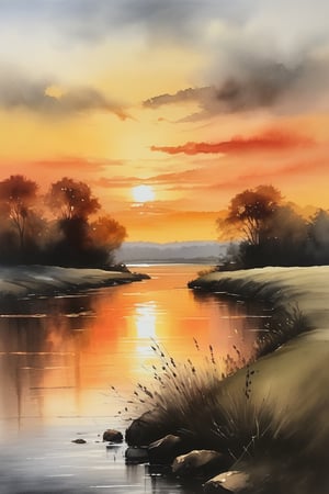 The sunset over a river is painted in oil painting, in the style of ink wash paintings.