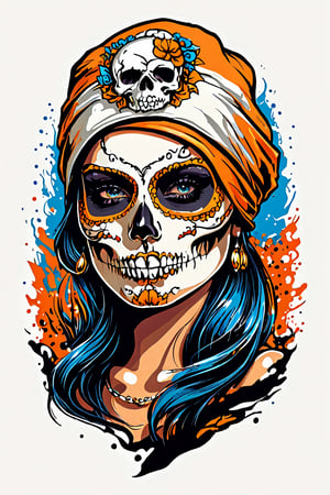 (best quality, 4k, 8k, highres, masterpiece:1.2), ultra-detailed,T-shirt design,illustration, a woman with a skull makeup on her head is wearing a cap,vector illustration, without background