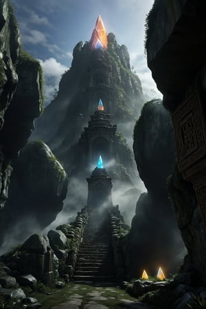 A majestic mountain pass shrouded in mystical mist, where ancient carvings adorn massive rocks that flank the narrow path. The dense veil of fog rolls in, veiling the route to an ancient temple's silhouette in the distance. Atop the temple, a radiant crystal glows, casting an ethereal light upon the rocky terrain and mystical carvings.