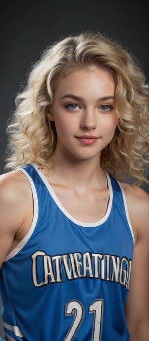 ((Generate hyper realistic full body portrait of  captivating scene featuring a stunning 20 years old girl,)) ((semi side view,)) with medium long blonde hair, flowing curls, little smile, donning a blue basketball  jersey, studio lighting,  piercing, blue eyes, photography style , Extremely Realistic,  ,photo r3al,action shot