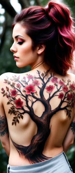 Generate hyper realistic image of a girl with an intricate and vibrant full-back tattoo. The woman is shown from behind, standing, allowing a clear view of her entire back. Her hair is straight and red, falling around her shoulders. The tattoo covers her entire back. The central feature of the tattoo is a tree trunk and branches are intricately detailed with rich, dark brown shades. The branches extend gracefully across the skin, spreading out in an organic and natural pattern. The flowers are depicted in various shades of pink, from deep magenta to soft pastel hues. Each blossom is carefully crafted, with delicate petals and subtle shading. urrounding the tree and blossoms are scattered petals and leaves.