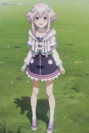 solo, 1girl, looking at viewer, 2D, anime, anime coloring,(green grass field with blue sky),neptune, choker, hoodie, smile, :d,(full body,longshot),legs,shoes,standing,blue and white stripes sock